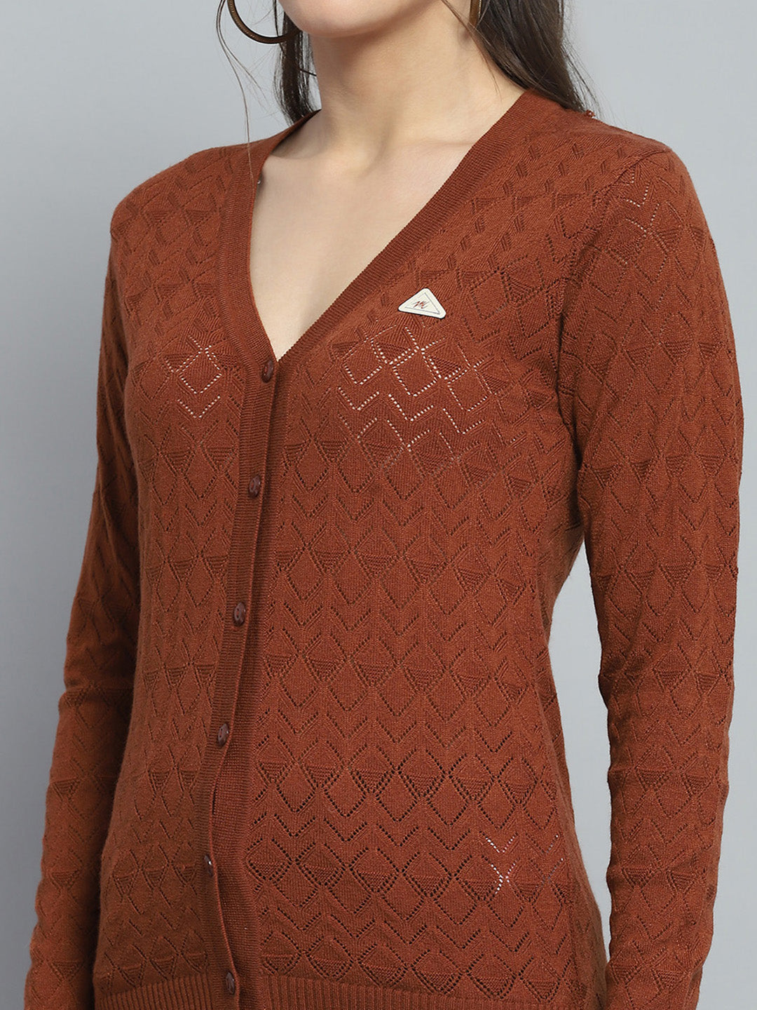 Women Brown Self Design V Neck Full Sleeve Cardigan