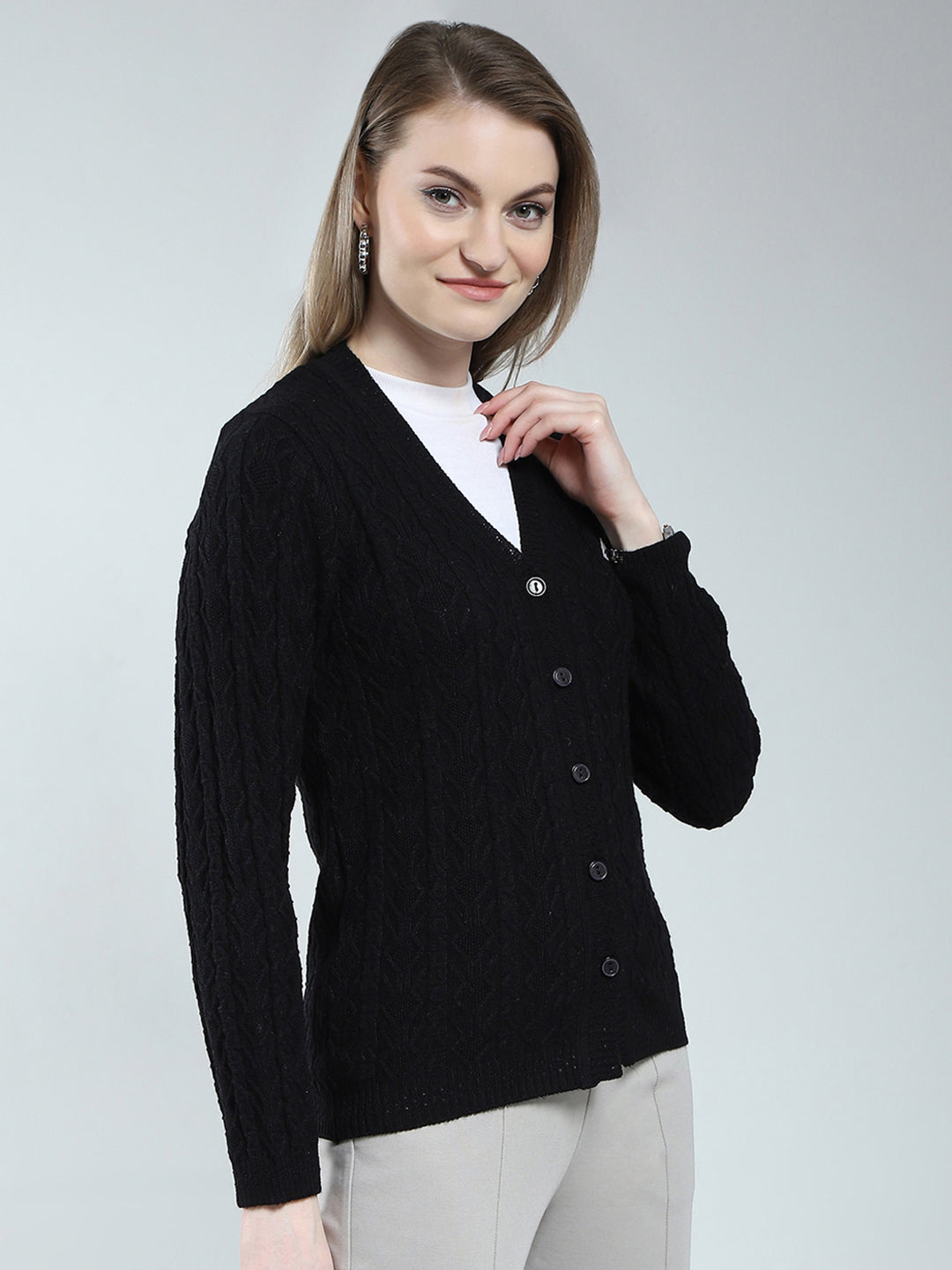Women Black Self Design V Neck Full Sleeve Cardigan