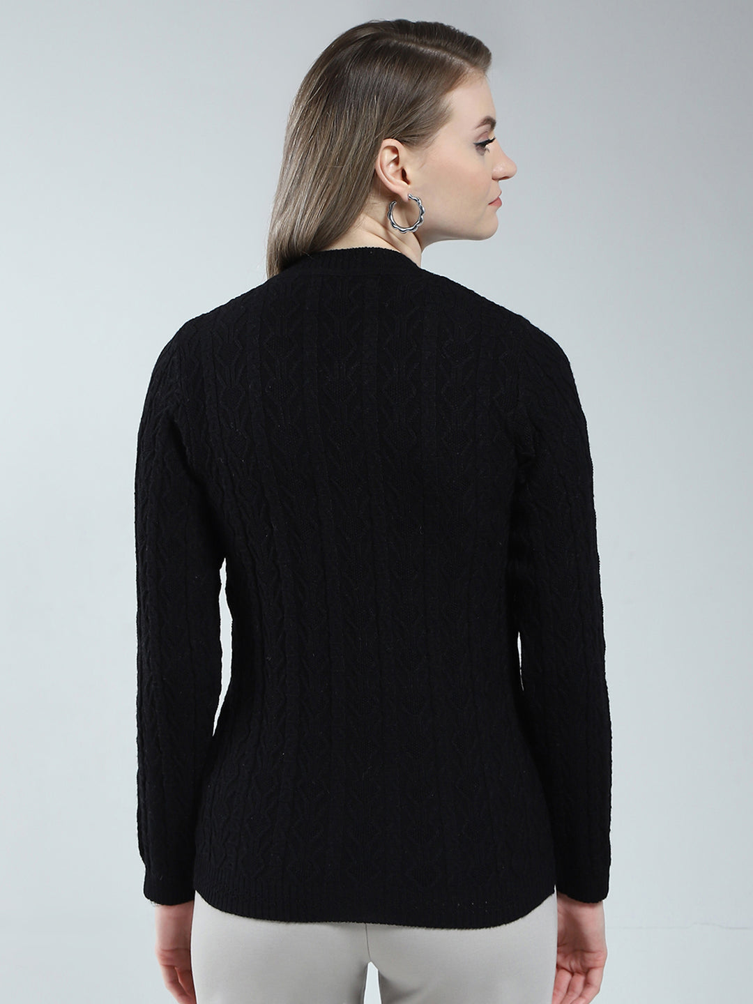 Women Black Self Design V Neck Full Sleeve Cardigan