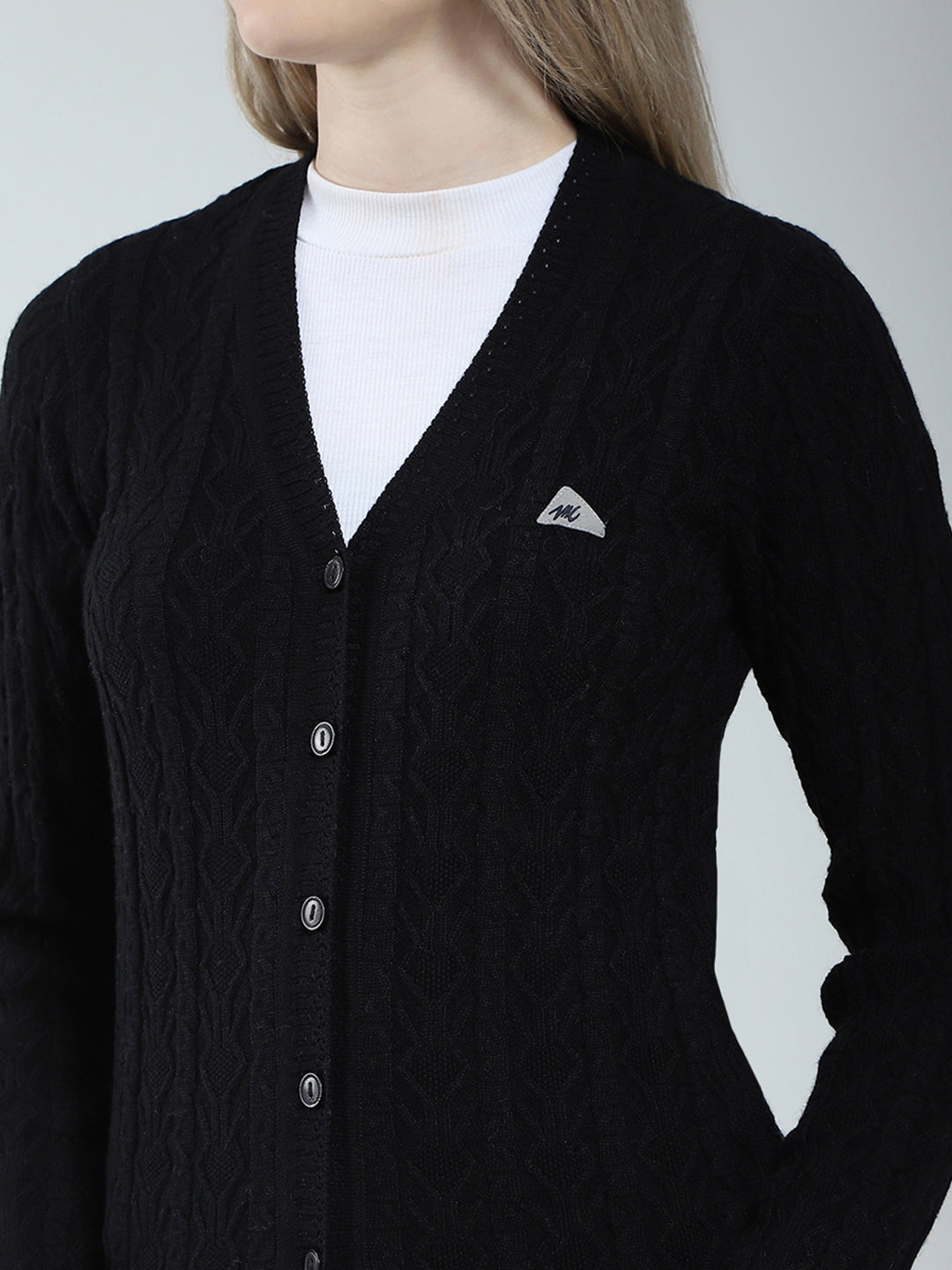 Women Black Self Design V Neck Full Sleeve Cardigan