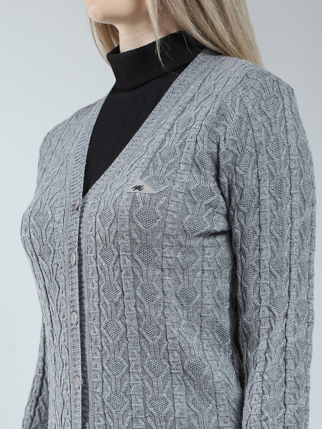 Women Grey Self Design V Neck Full Sleeve Cardigan