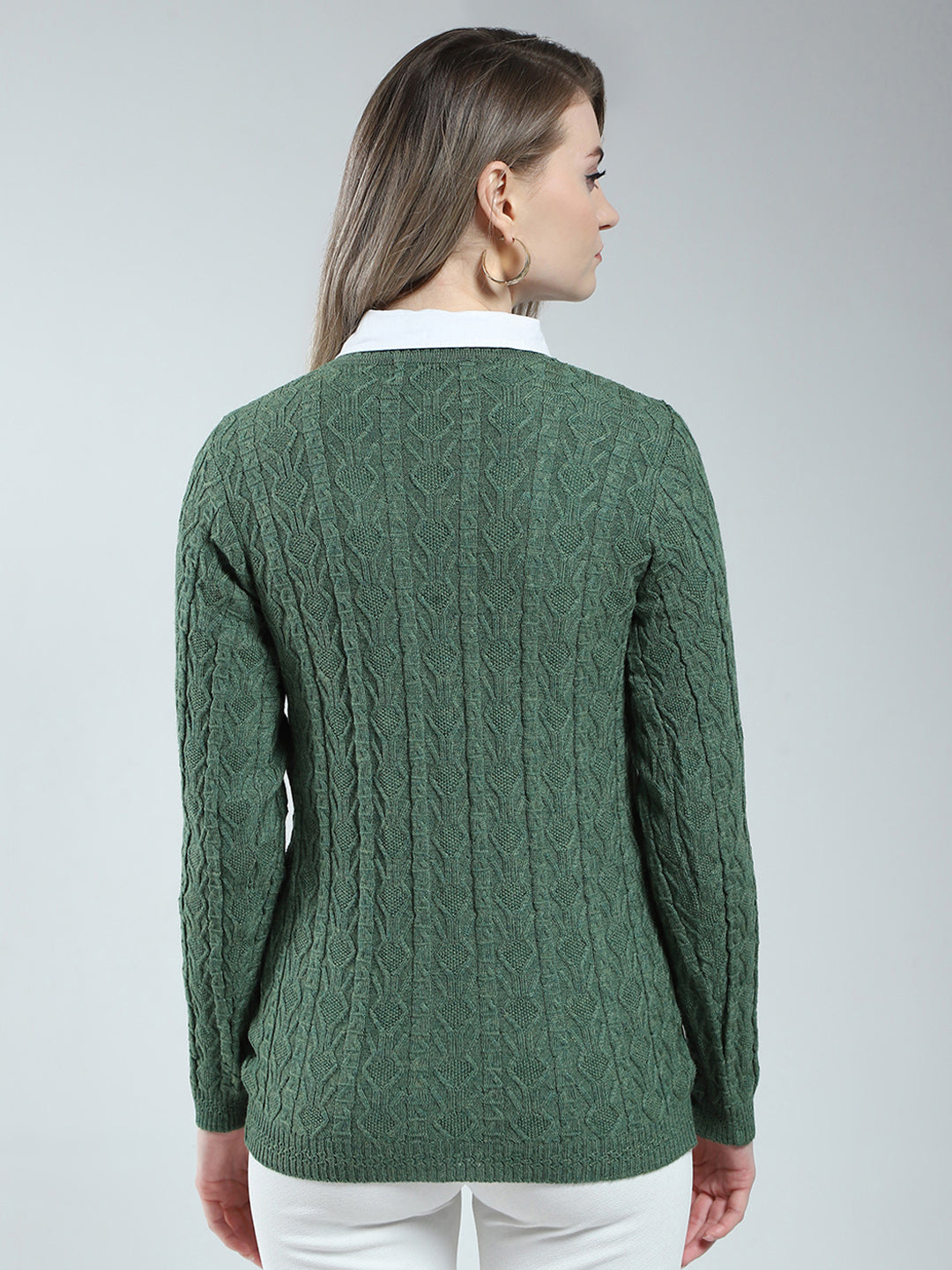 Women Green Self Design V Neck Full Sleeve Cardigan