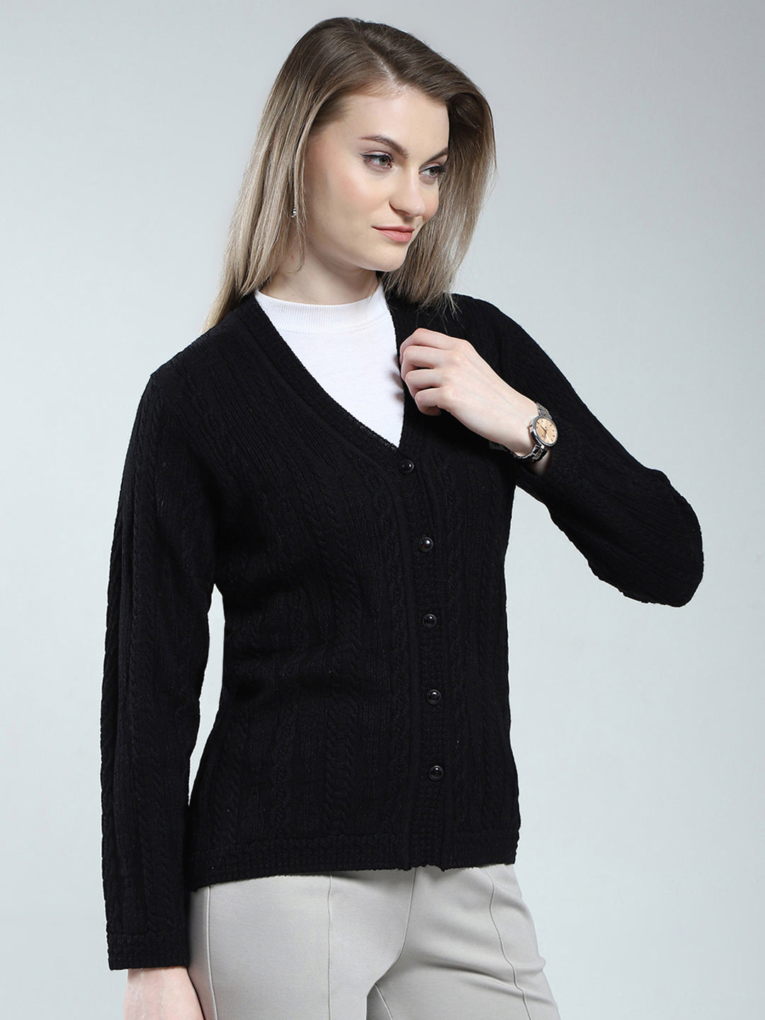 Women Black Self Design V Neck Full Sleeve Cardigan