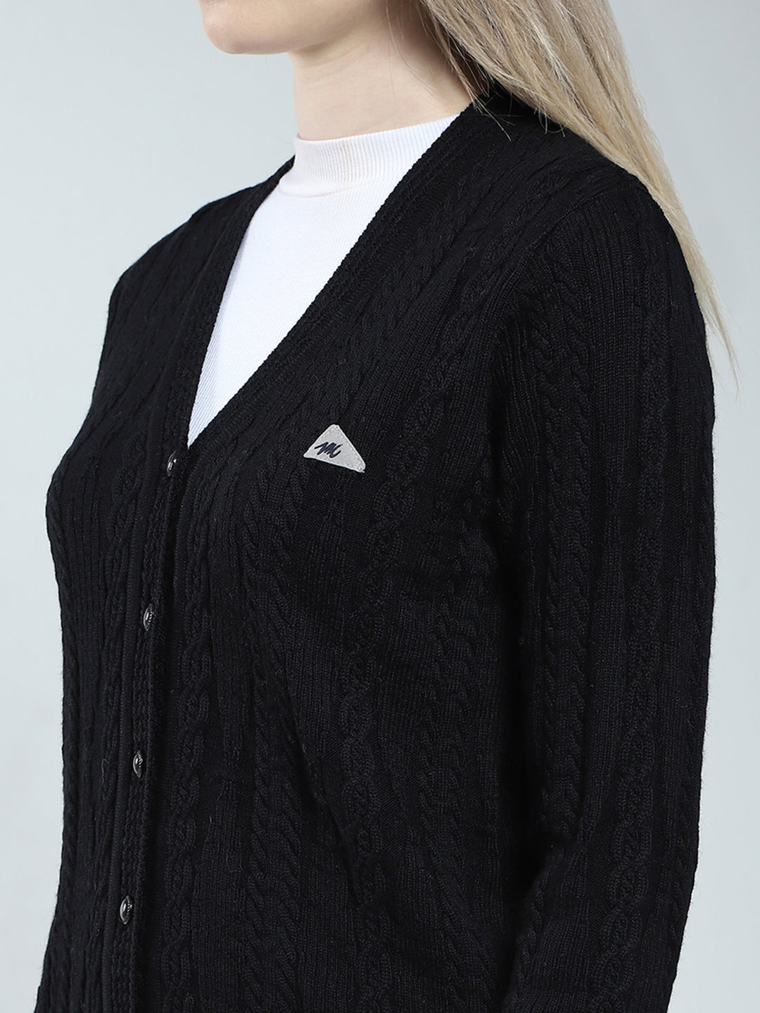 Women Black Self Design V Neck Full Sleeve Cardigan