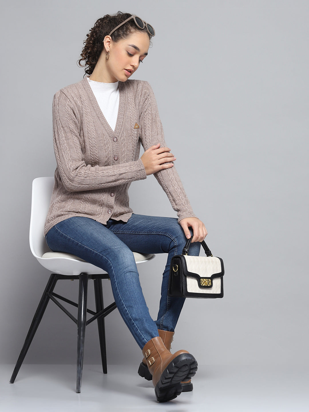Women Beige Self Design V Neck Full Sleeve Cardigan