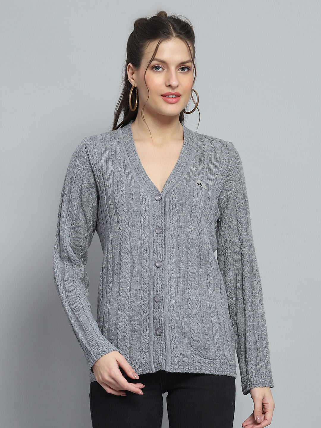 Women Grey Self Design V Neck Full Sleeve Cardigan