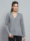 Women Grey Self Design V Neck Full Sleeve Cardigan