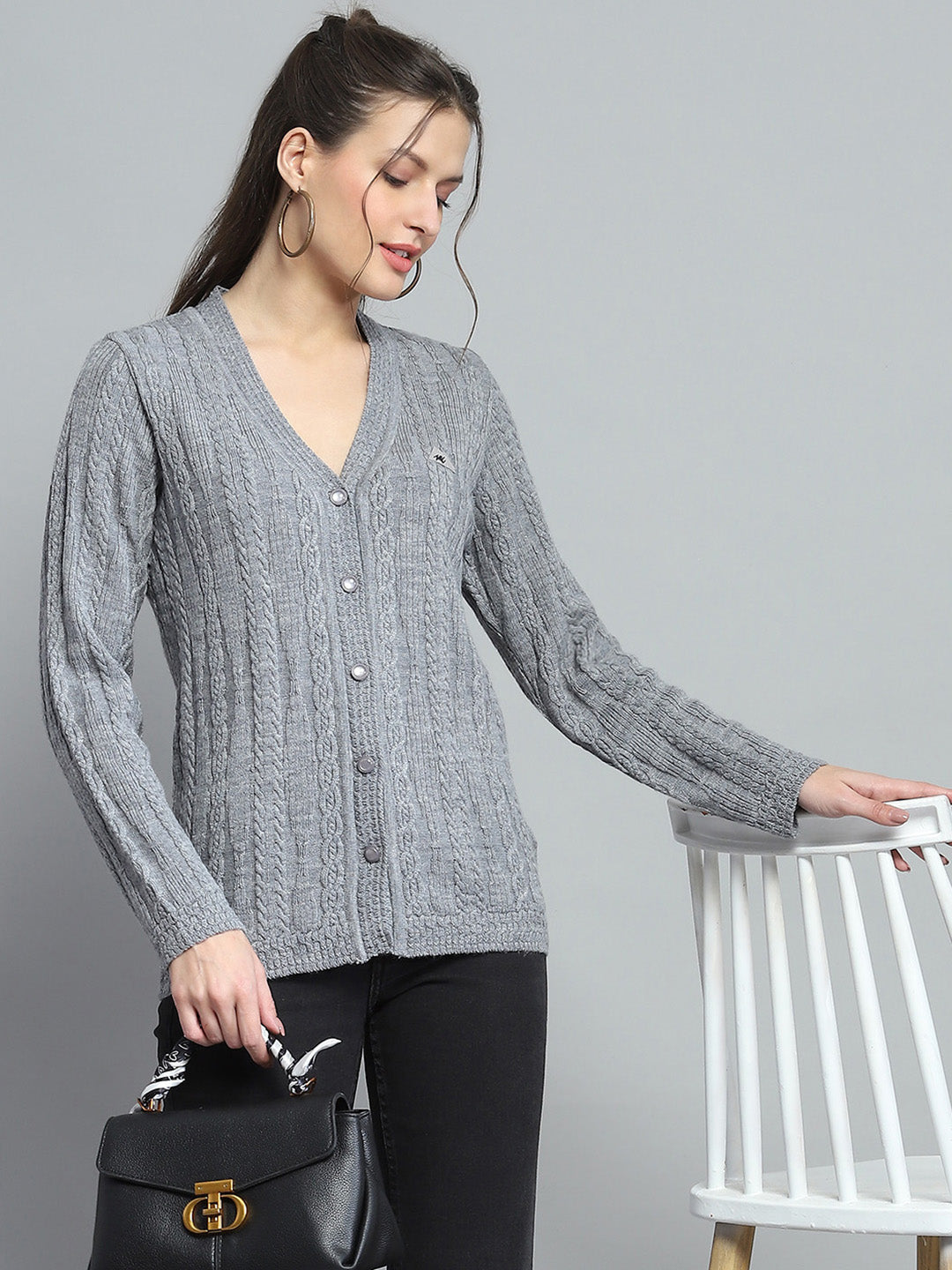 Women Grey Self Design V Neck Full Sleeve Cardigan