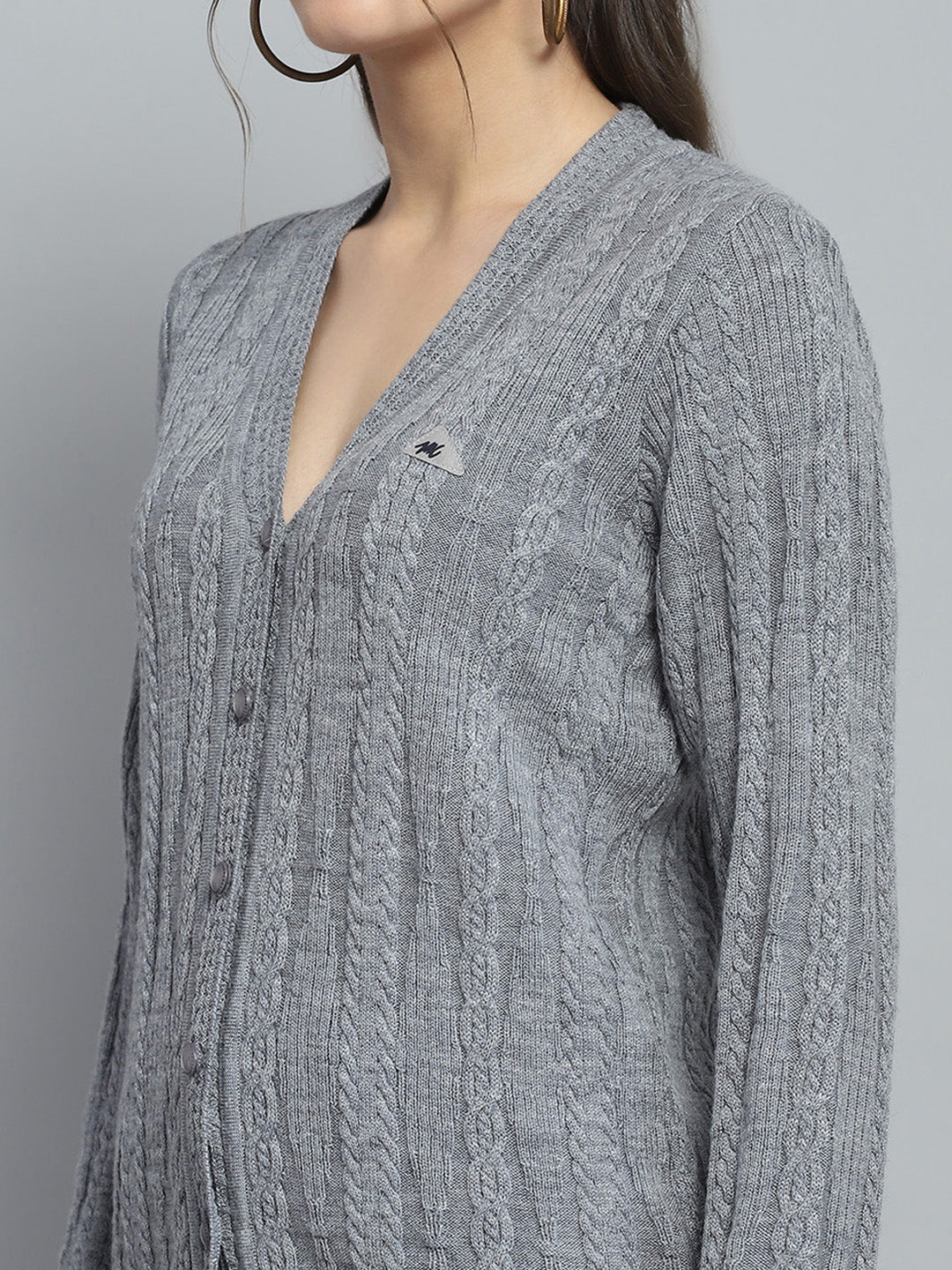 Women Grey Self Design V Neck Full Sleeve Cardigan