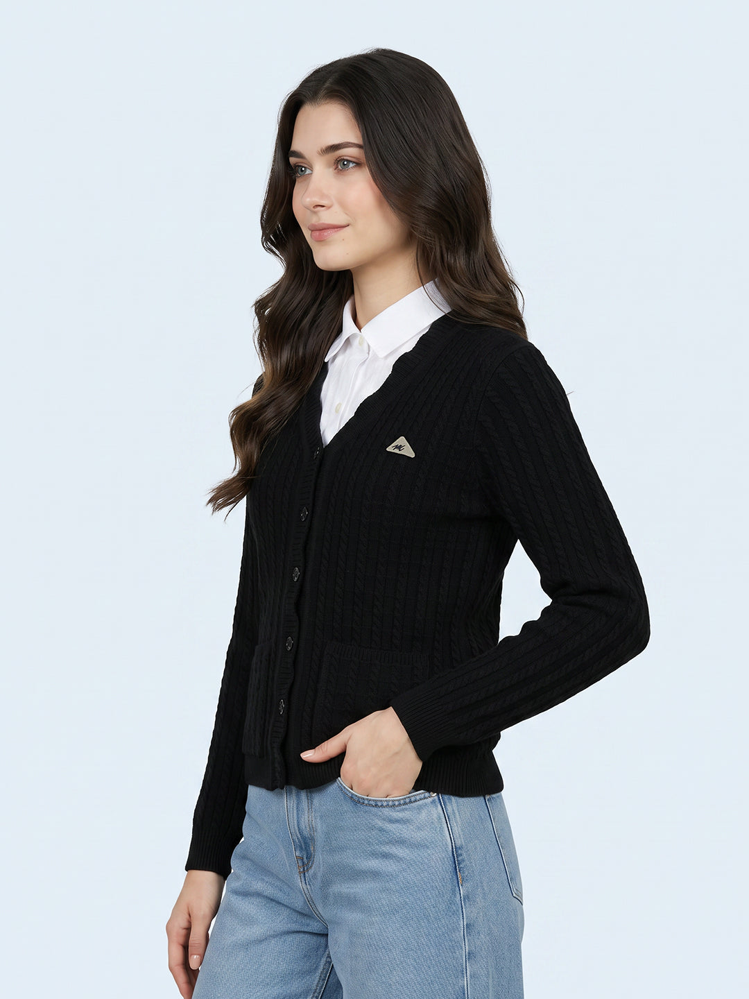 Women Black Self Design V Neck Full Sleeve Cardigan
