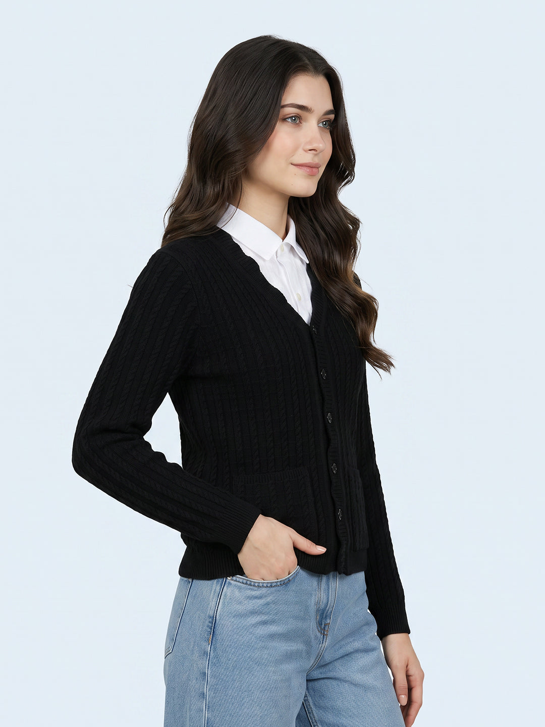 Women Black Self Design V Neck Full Sleeve Cardigan