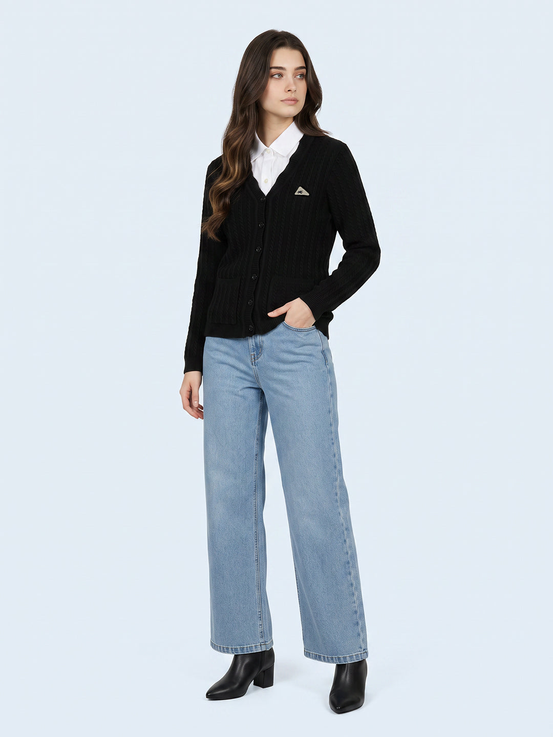 Women Black Self Design V Neck Full Sleeve Cardigan