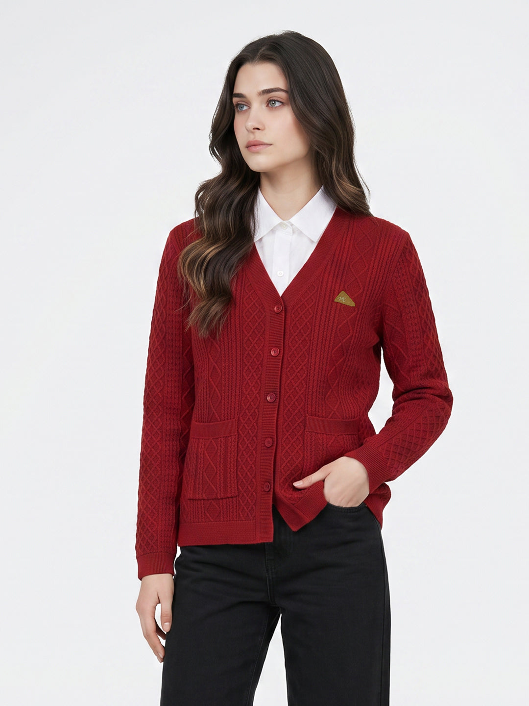 Women Maroon Self Design V Neck Full Sleeve Cardigan