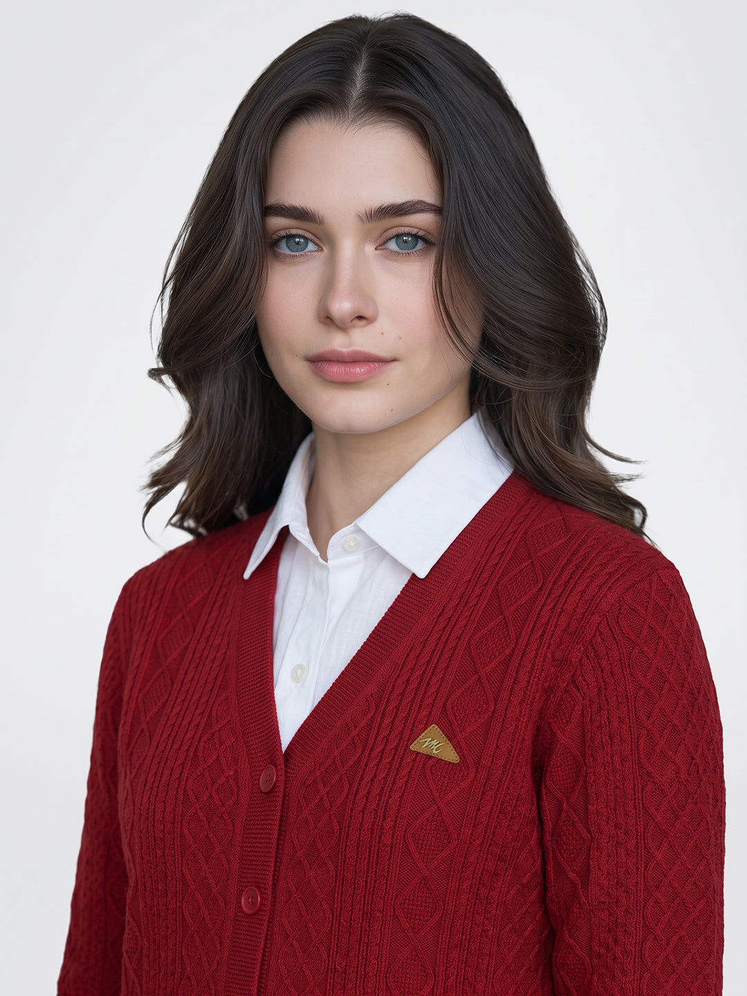 Women Maroon Self Design V Neck Full Sleeve Cardigan
