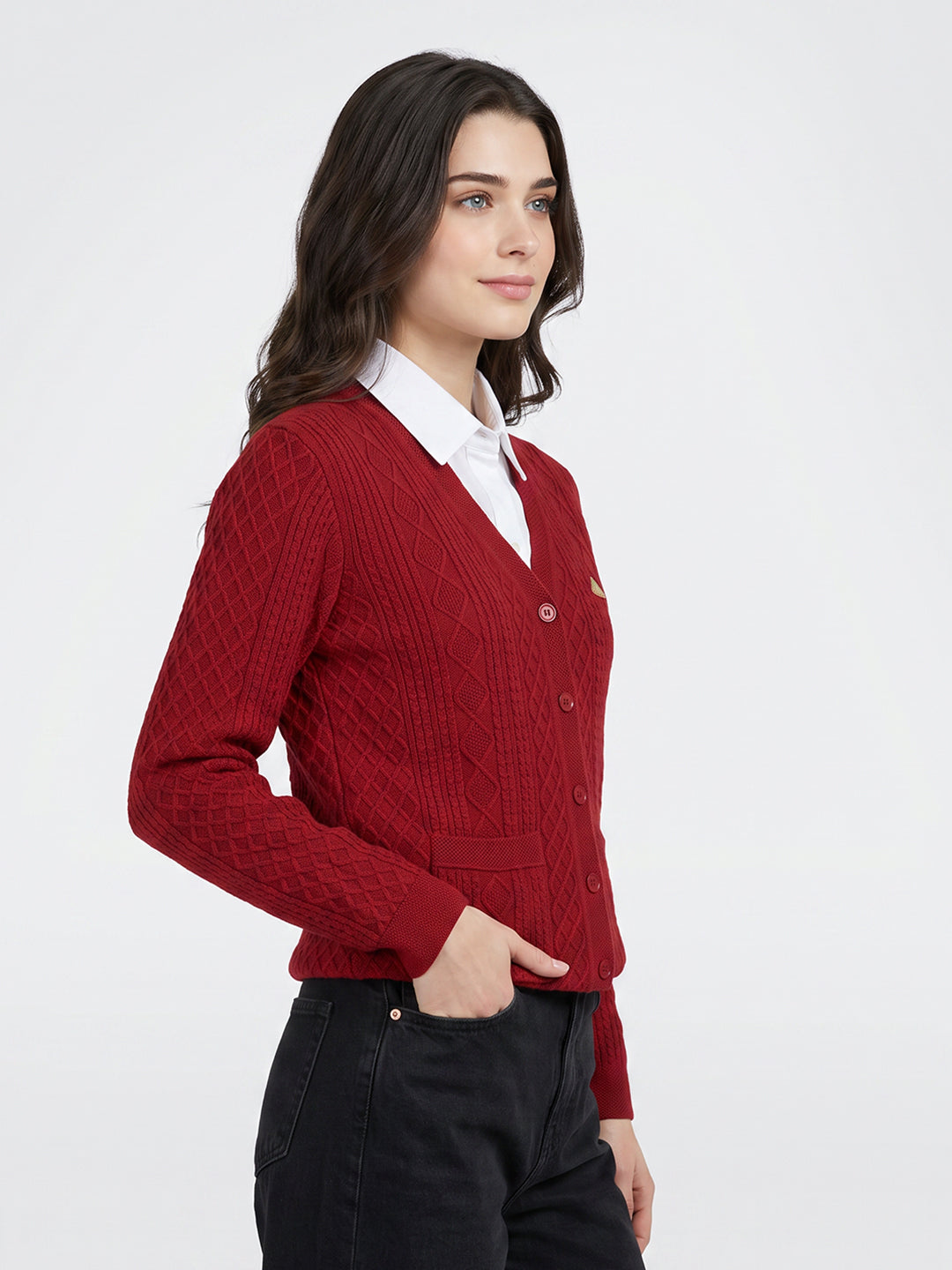 Women Maroon Self Design V Neck Full Sleeve Cardigan