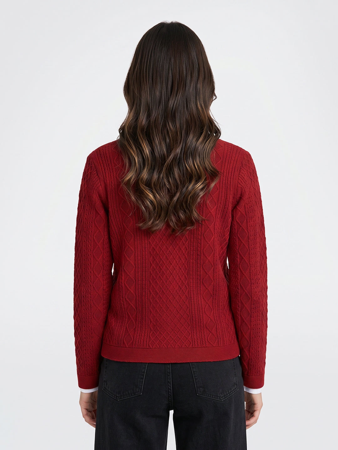 Women Maroon Self Design V Neck Full Sleeve Cardigan