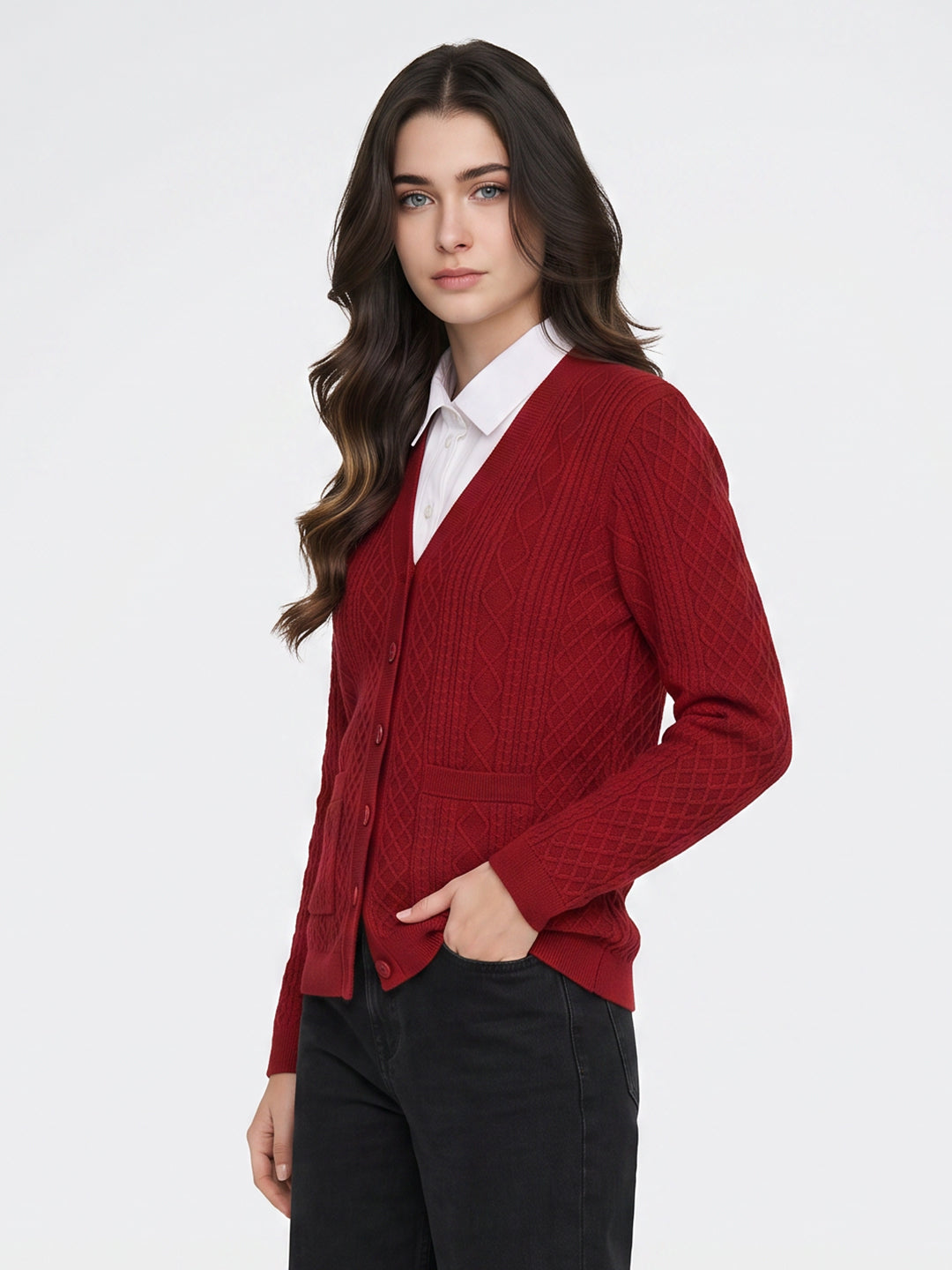 Women Maroon Self Design V Neck Full Sleeve Cardigan