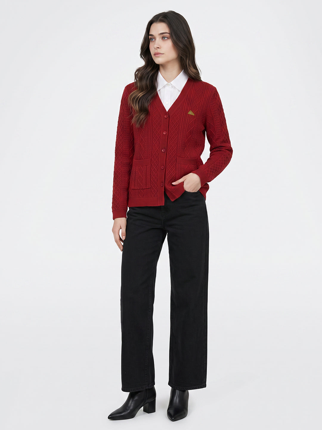 Women Maroon Self Design V Neck Full Sleeve Cardigan
