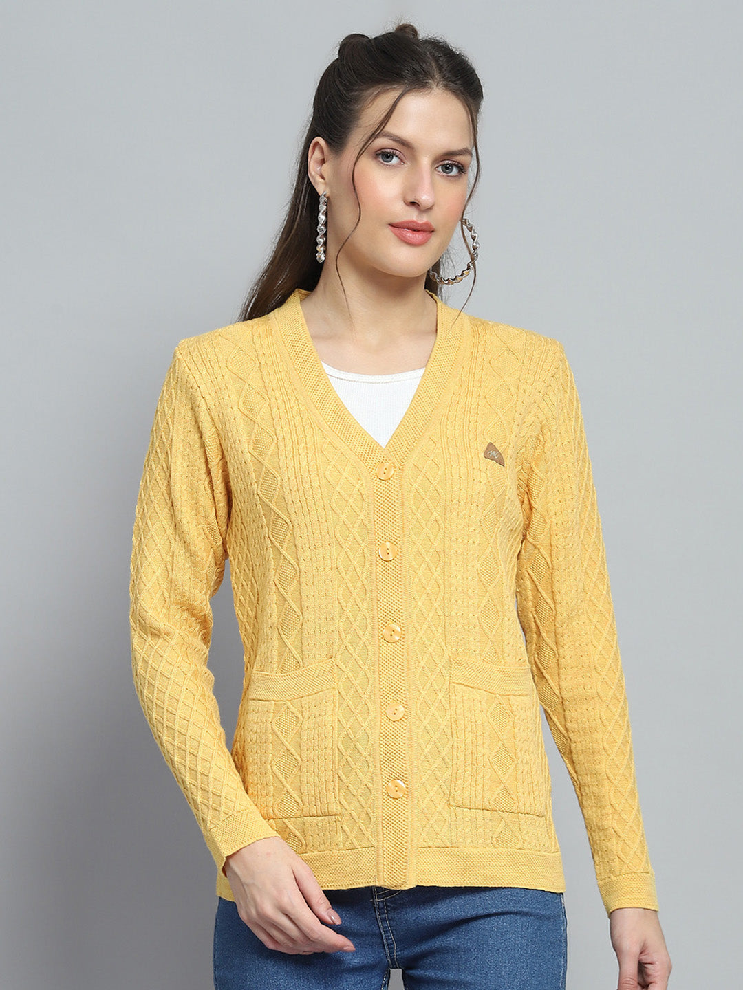 Women Yellow Self Design V Neck Full Sleeve Cardigan