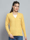 Women Yellow Self Design V Neck Full Sleeve Cardigan
