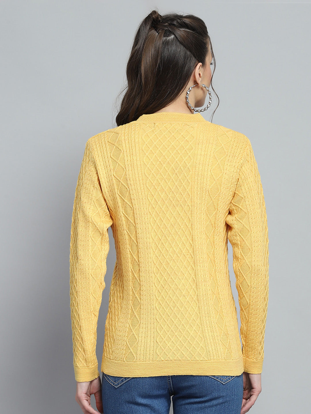 Women Yellow Self Design V Neck Full Sleeve Cardigan