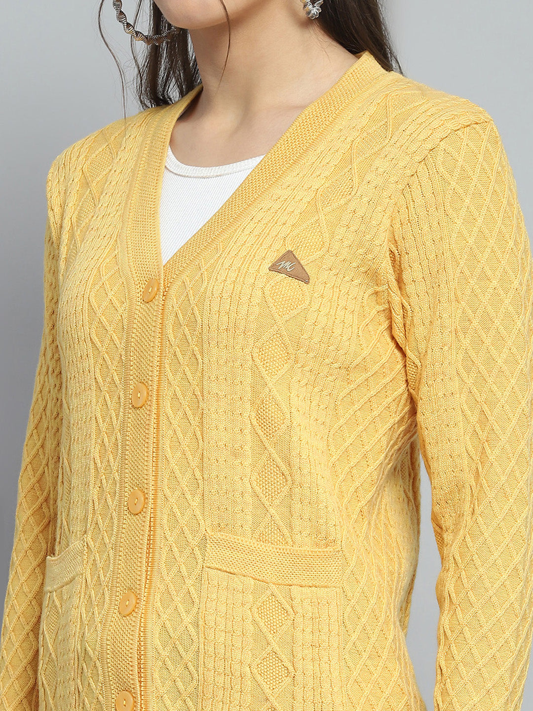 Women Yellow Self Design V Neck Full Sleeve Cardigan