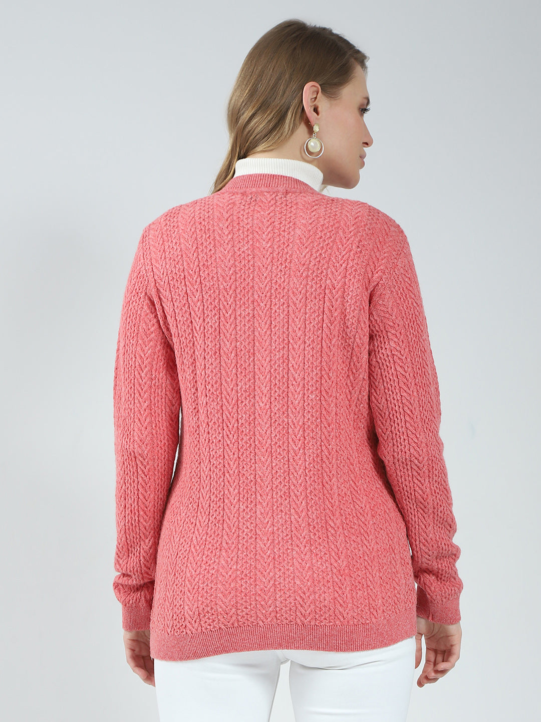 Women Pink Self Design V Neck Full Sleeve Cardigan