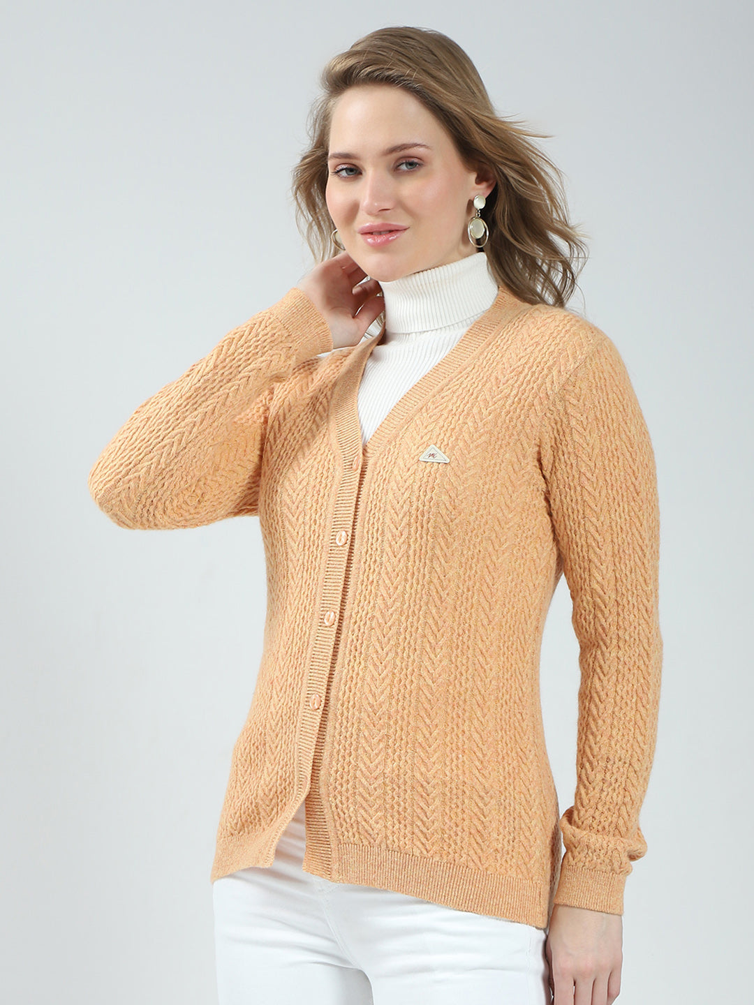 Women Orange Self Design V Neck Full Sleeve Cardigan
