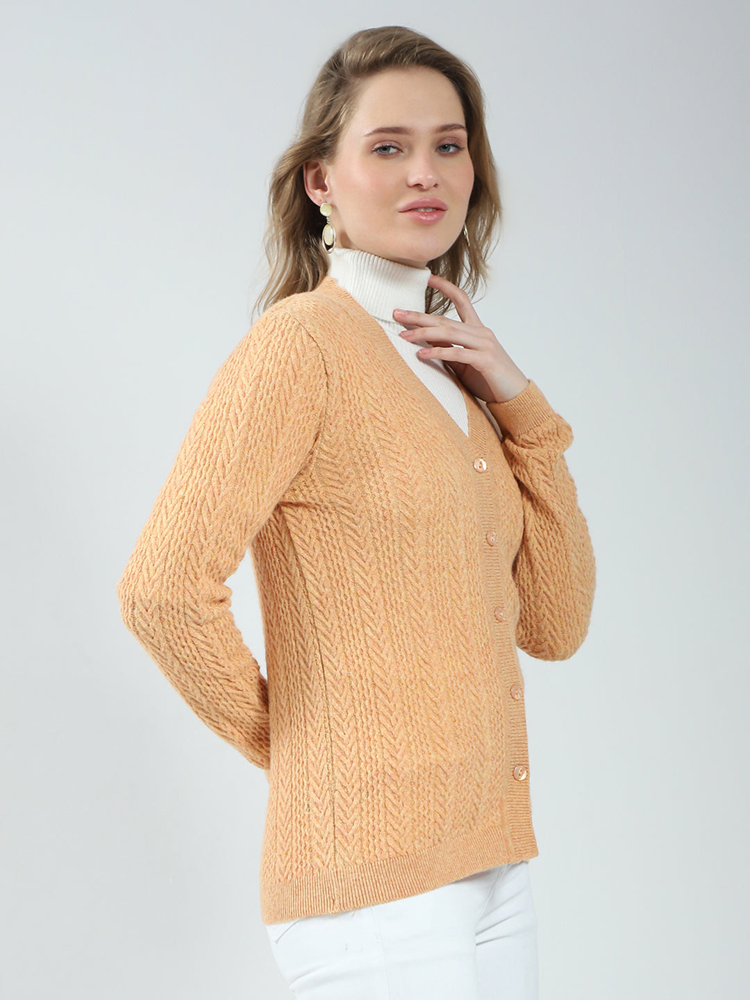 Women Orange Self Design V Neck Full Sleeve Cardigan