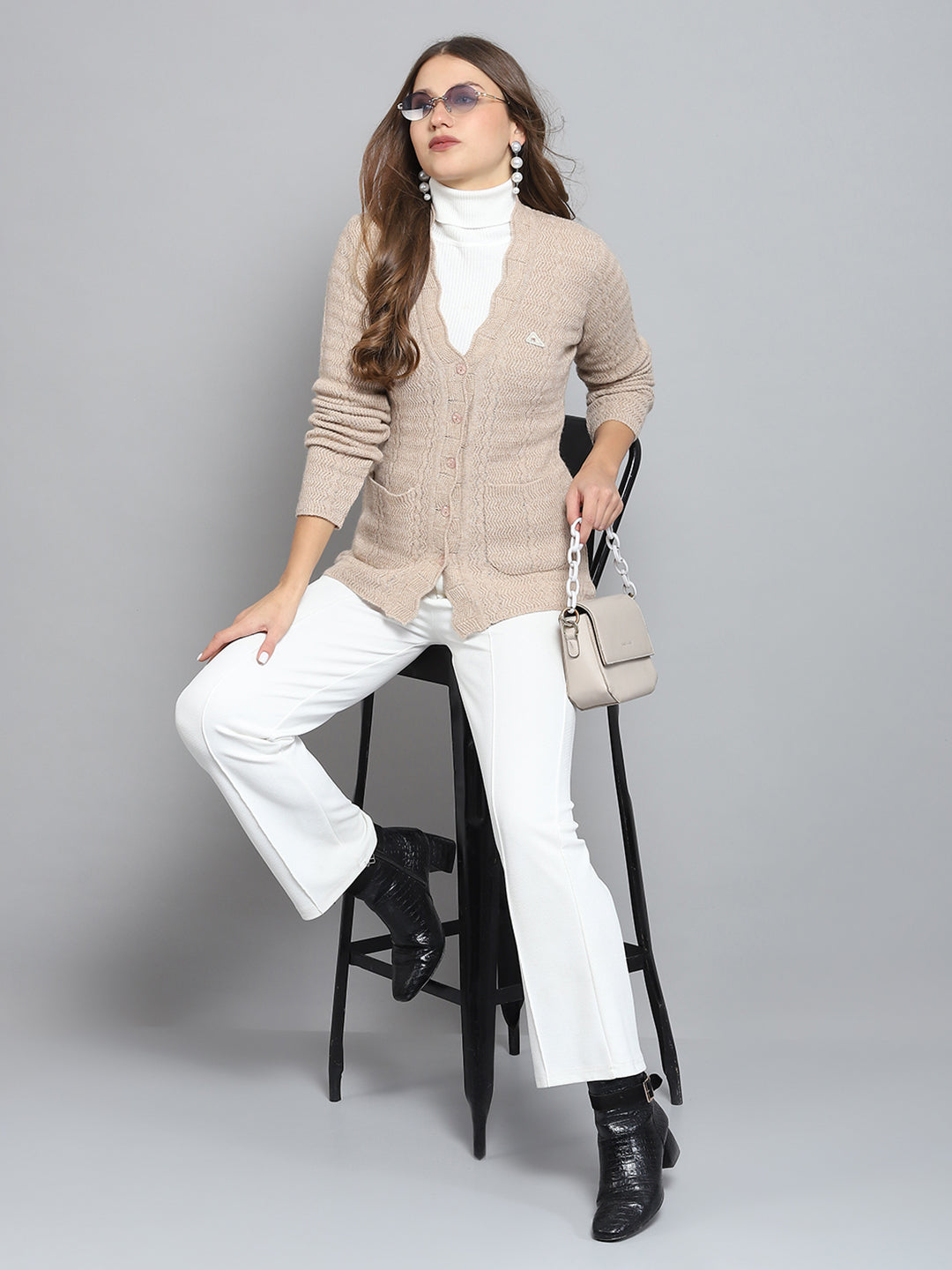 Women Beige Self Design V Neck Full Sleeve Cardigan