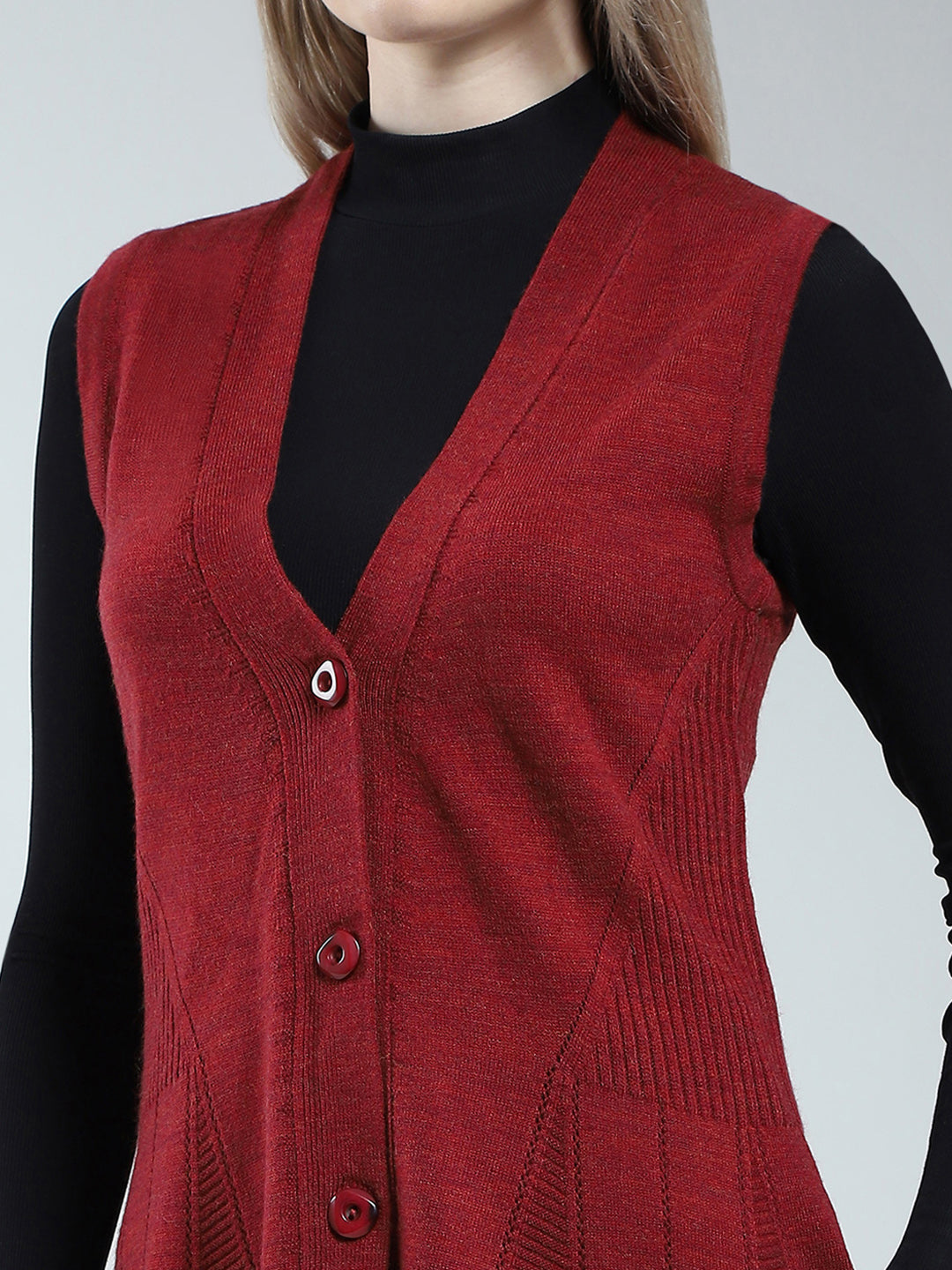 Women Maroon Self Design V Neck Sleeveless Cardigan