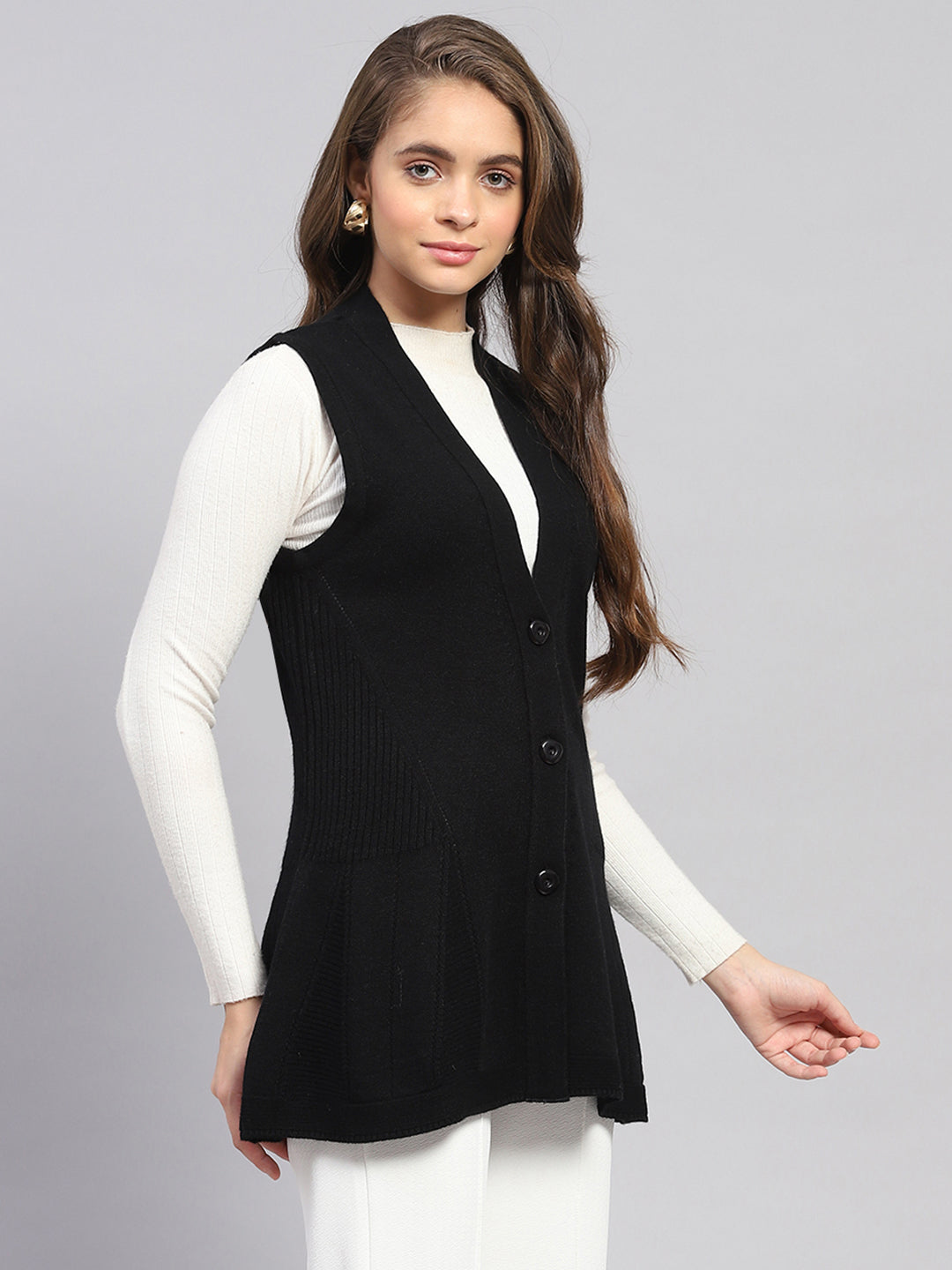 Women Black Self Design V Neck Sleeveless Cardigan