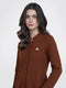 Women Brown Self Design Mandarin Collar Full Sleeve Coat