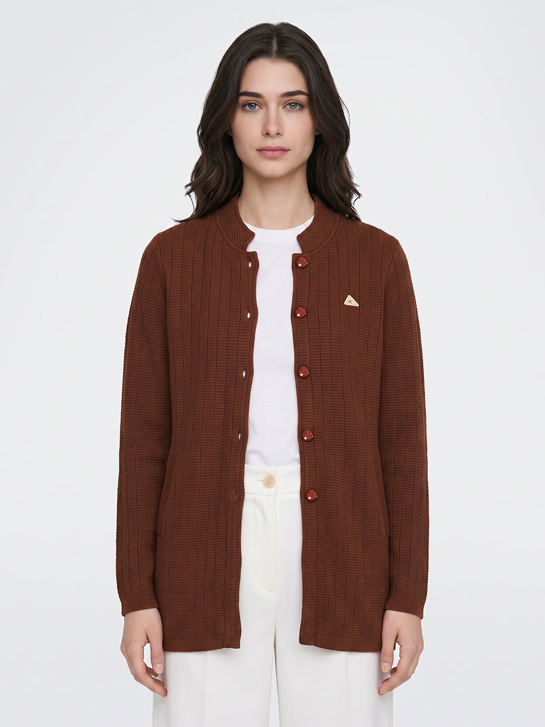 Women Brown Self Design Mandarin Collar Full Sleeve Coat