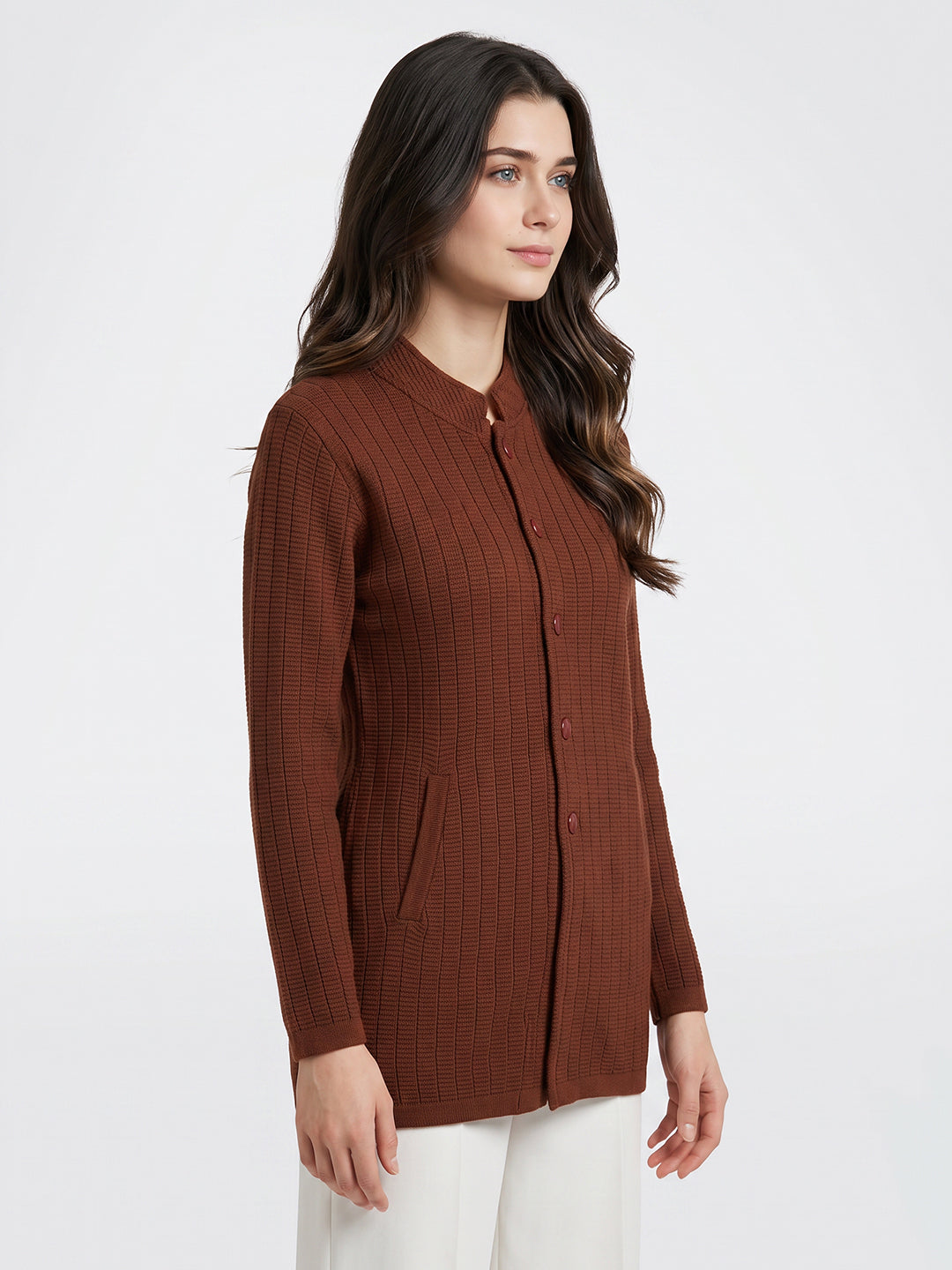 Women Brown Self Design Mandarin Collar Full Sleeve Coat
