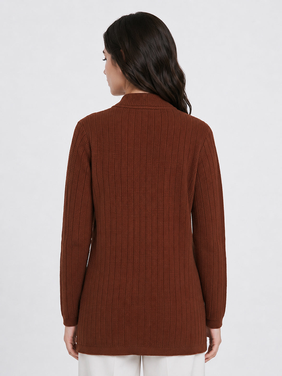 Women Brown Self Design Mandarin Collar Full Sleeve Coat