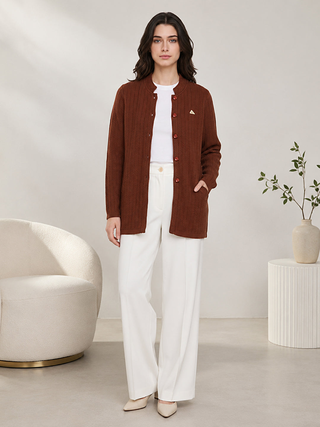 Women Brown Self Design Mandarin Collar Full Sleeve Coat