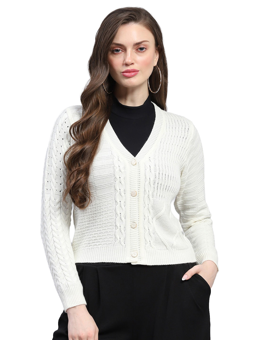 Women White Self Design V Neck Full Sleeve Cardigan