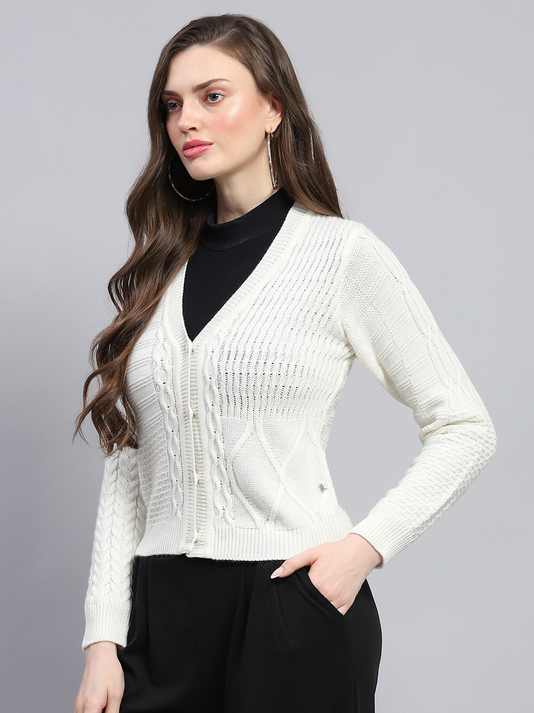 Women White Self Design V Neck Full Sleeve Cardigan