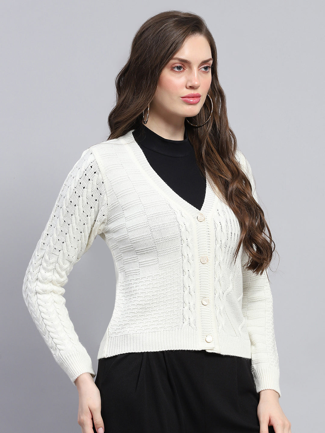 Women White Self Design V Neck Full Sleeve Cardigan