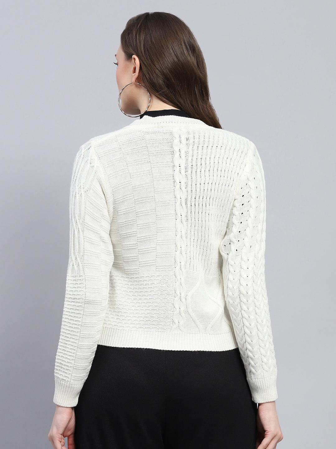 Women White Self Design V Neck Full Sleeve Cardigan