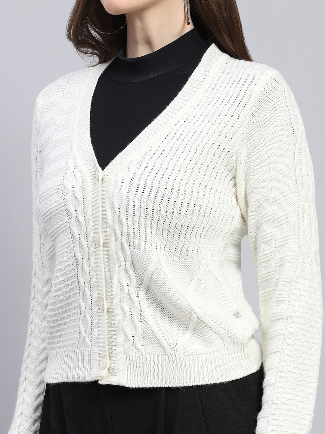 Women White Self Design V Neck Full Sleeve Cardigan