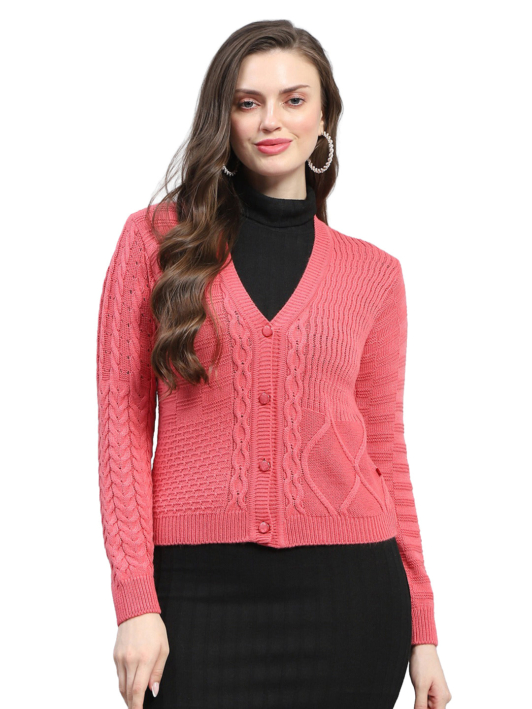 Women Pink Self Design V Neck Full Sleeve Cardigan