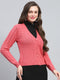 Women Pink Self Design V Neck Full Sleeve Cardigan