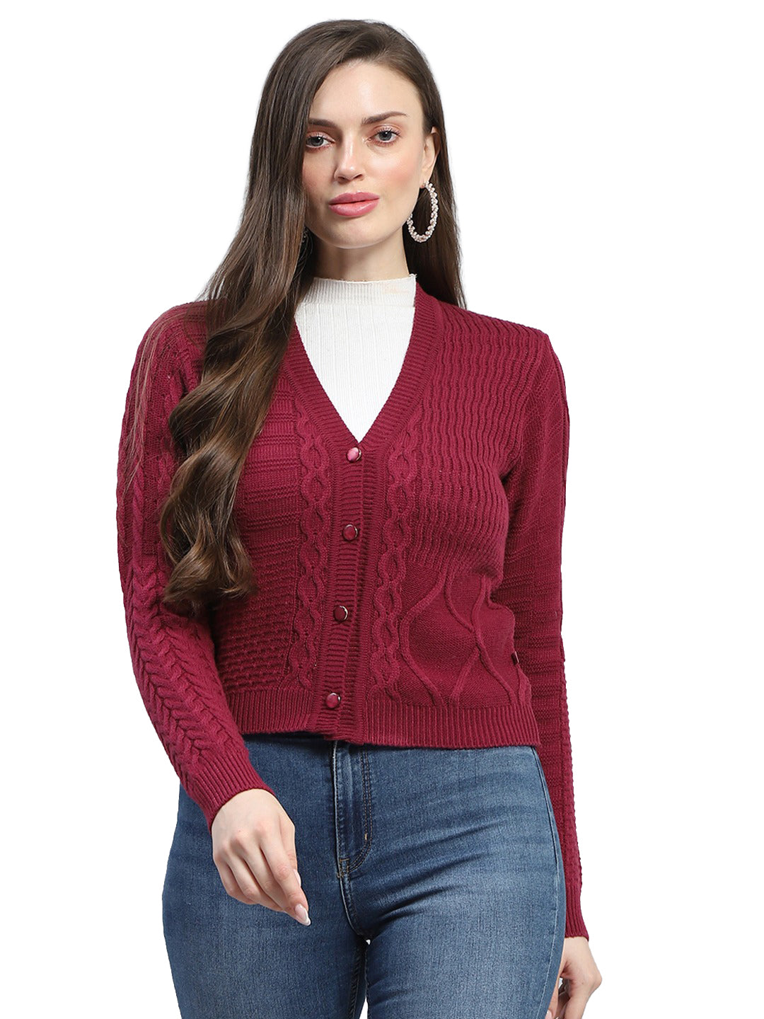 Women Maroon Self Design V Neck Full Sleeve Cardigan