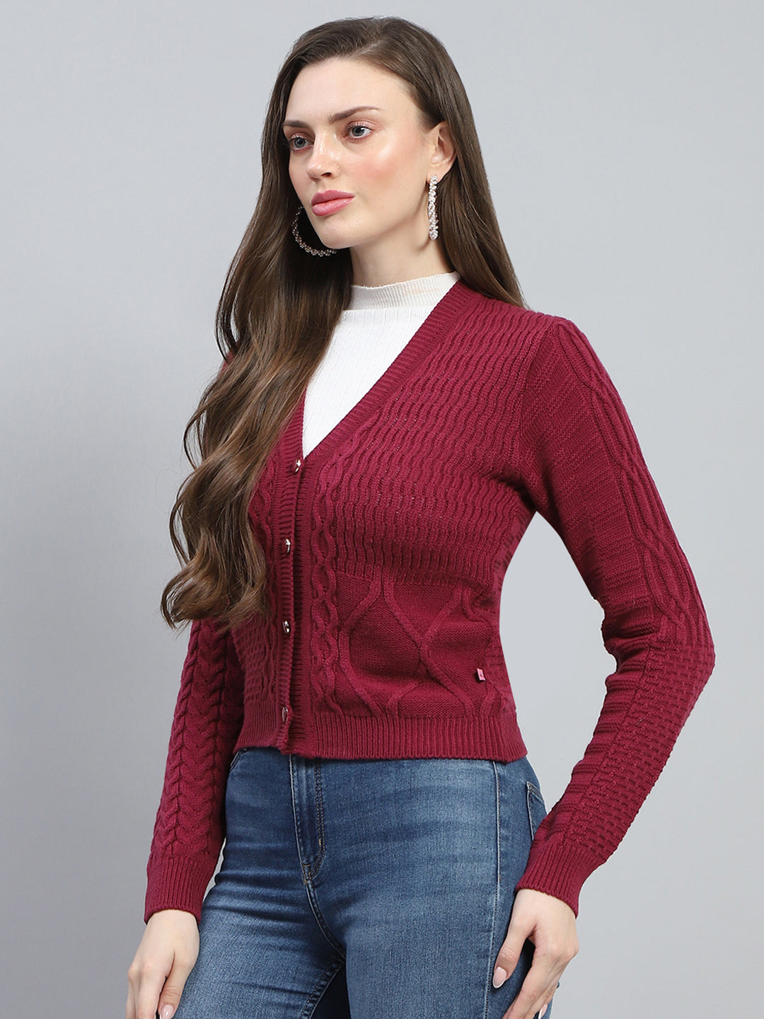 Women Maroon Self Design V Neck Full Sleeve Cardigan