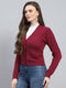 Women Maroon Self Design V Neck Full Sleeve Cardigan