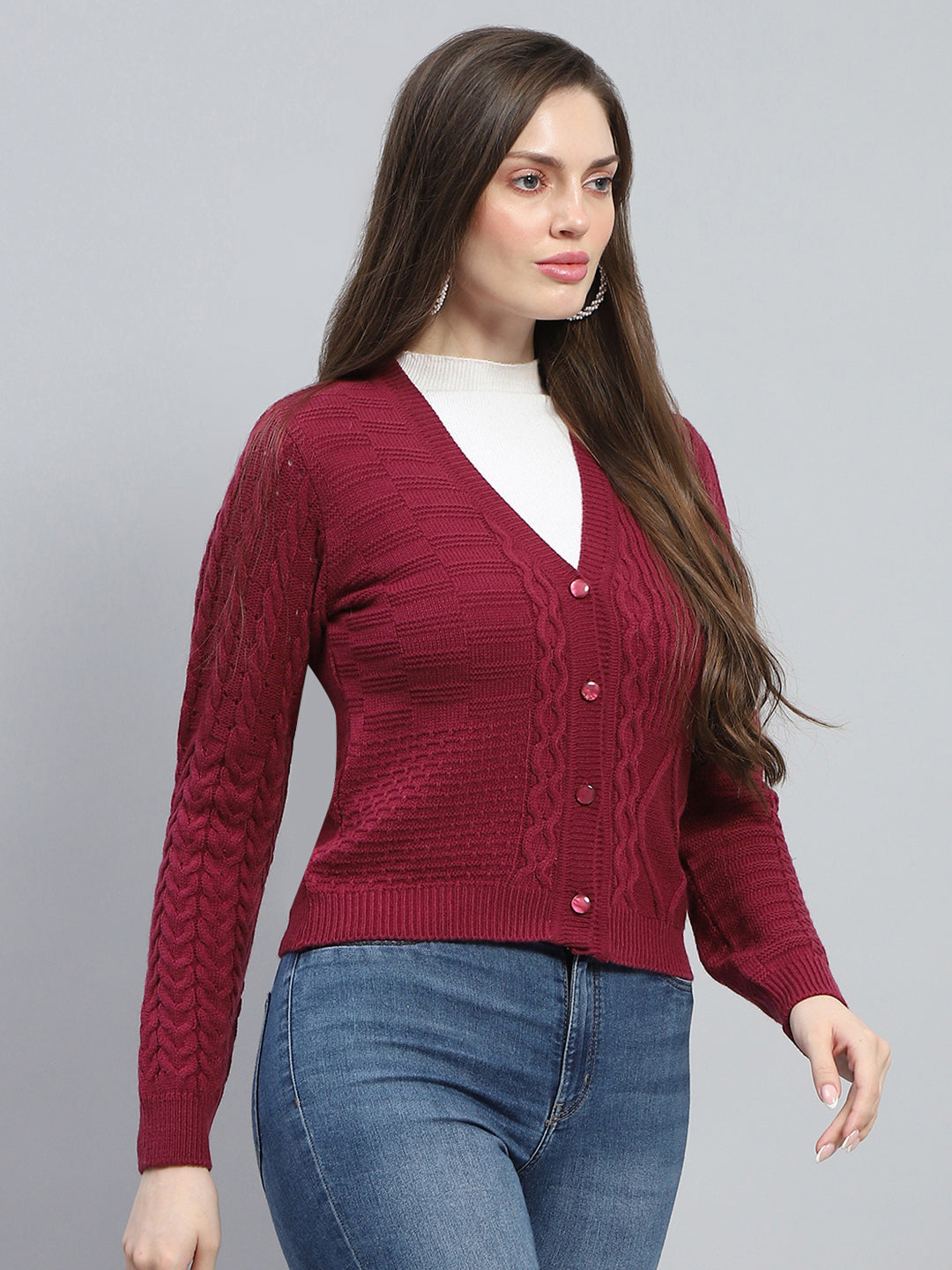 Women Maroon Self Design V Neck Full Sleeve Cardigan