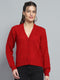 Women Red Self Design V Neck Full Sleeve Cardigan