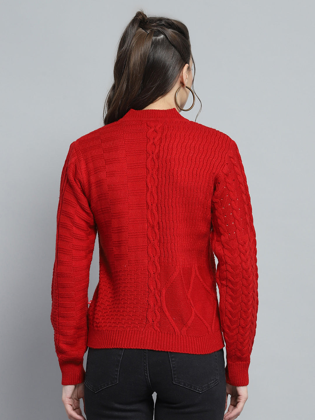Women Red Self Design V Neck Full Sleeve Cardigan